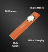 Orange flashlight with features highlighted on a dark background